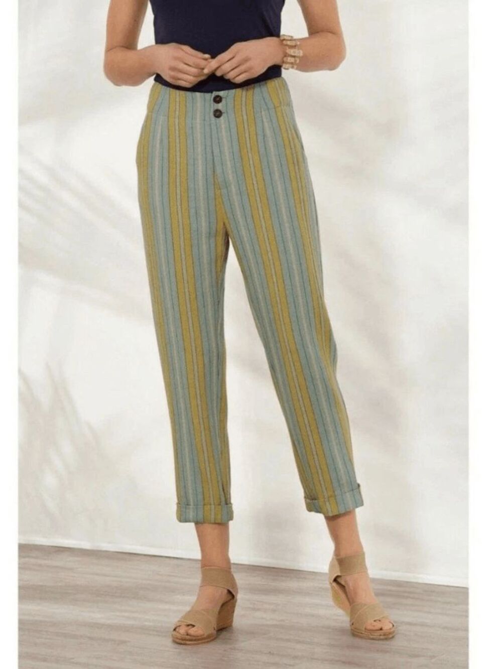 Soft Surroundings Caldera Linen Blend Striped High Waisted Pants Women's Size 10
